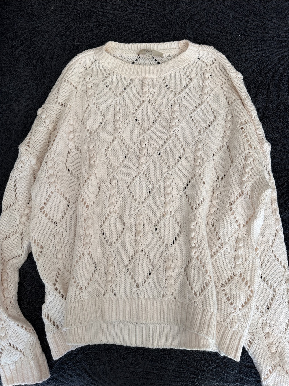 LOFT Cream Openwork Diamond-Pattern Crewneck Sweater